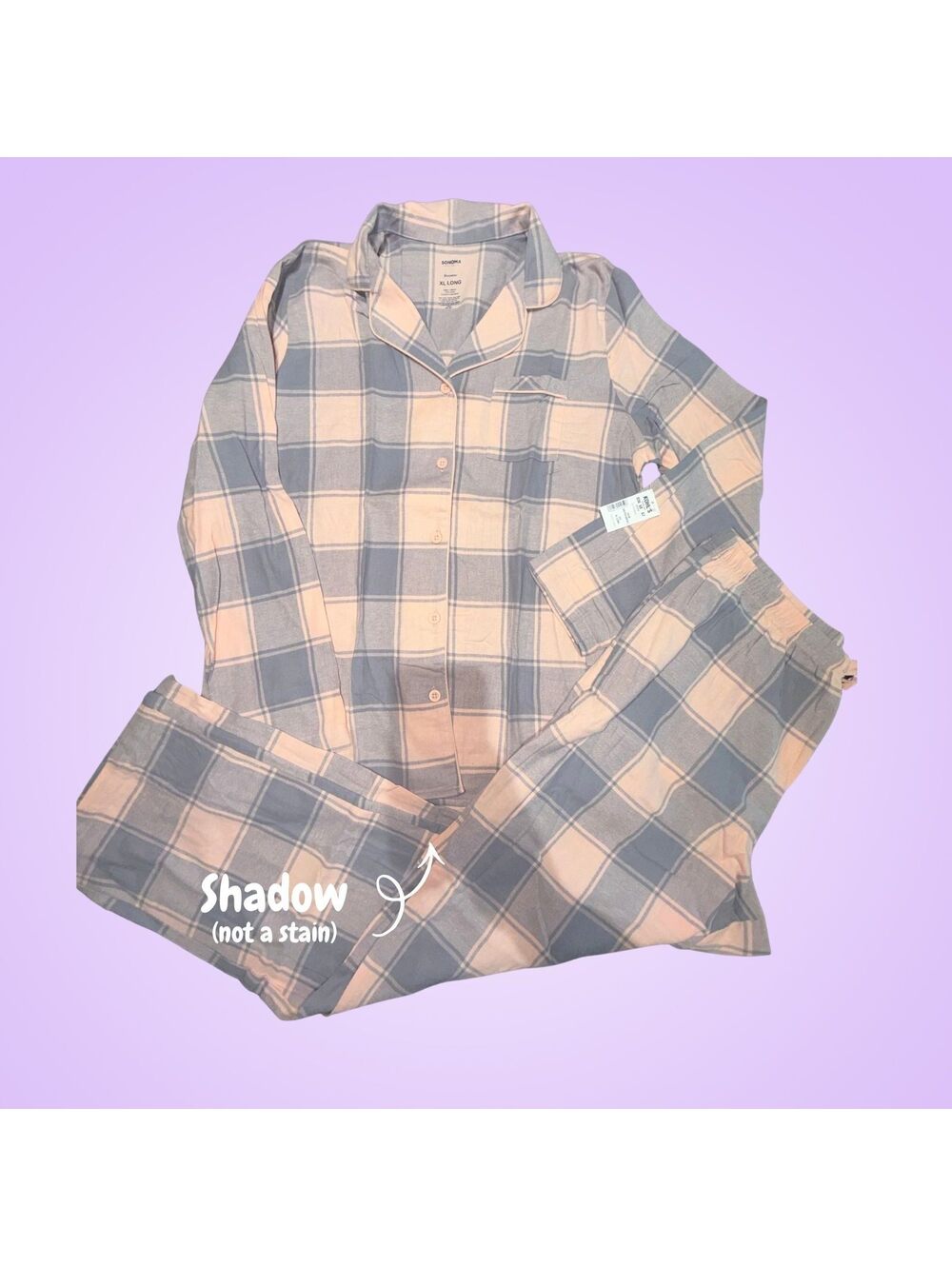 NWT Sonoma Goods for Life Pink Gray Plaid Cotton Pajama Set | Women's XL Long
